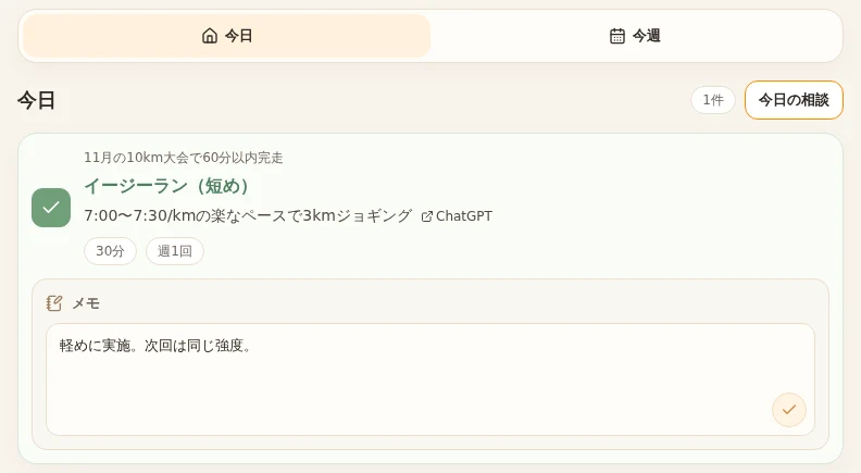 Capy PaceのToday画面。今日の活動を完了し、実行メモを保存した状態。